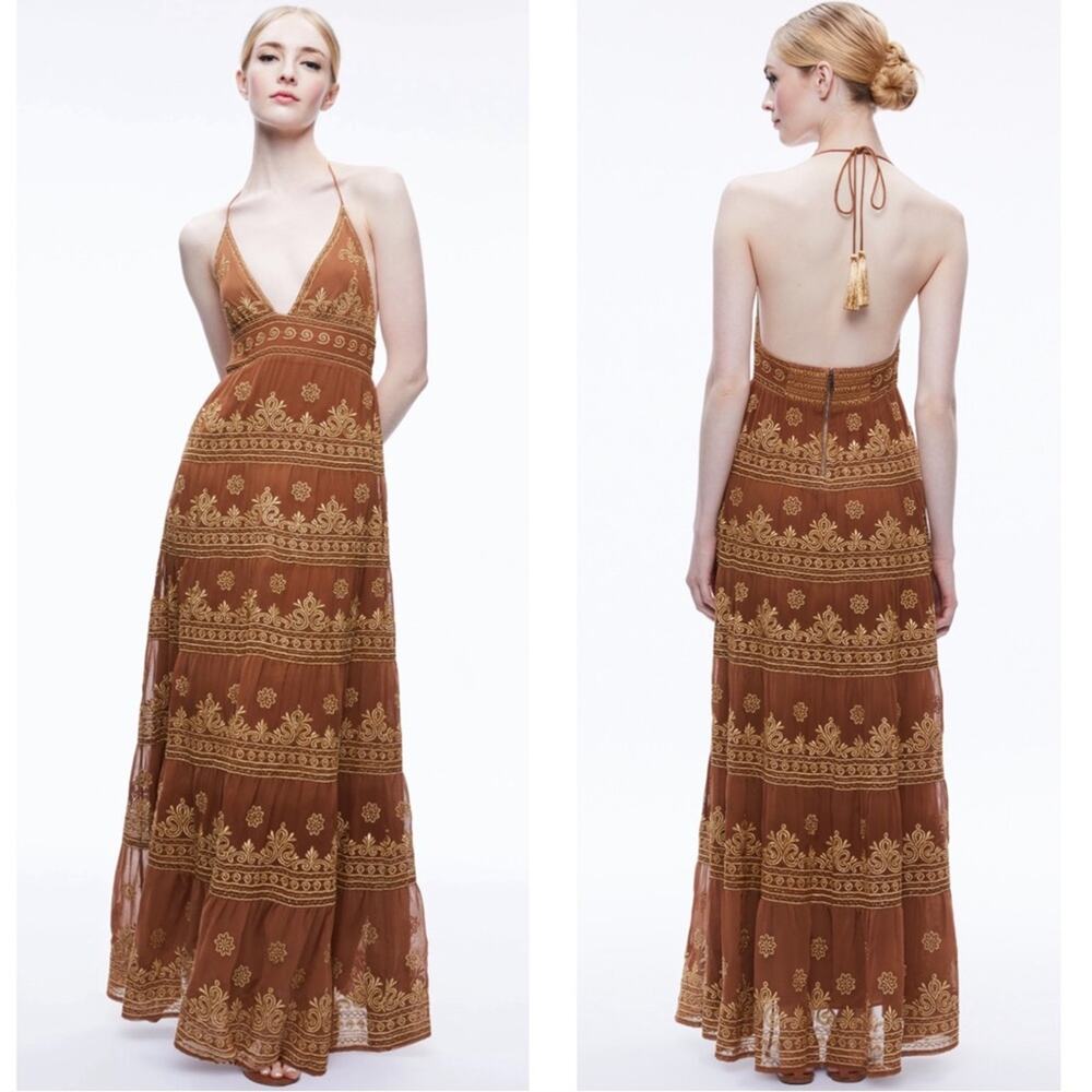 Alice + Olivia Carmel and Gold Halter Maxi Dress